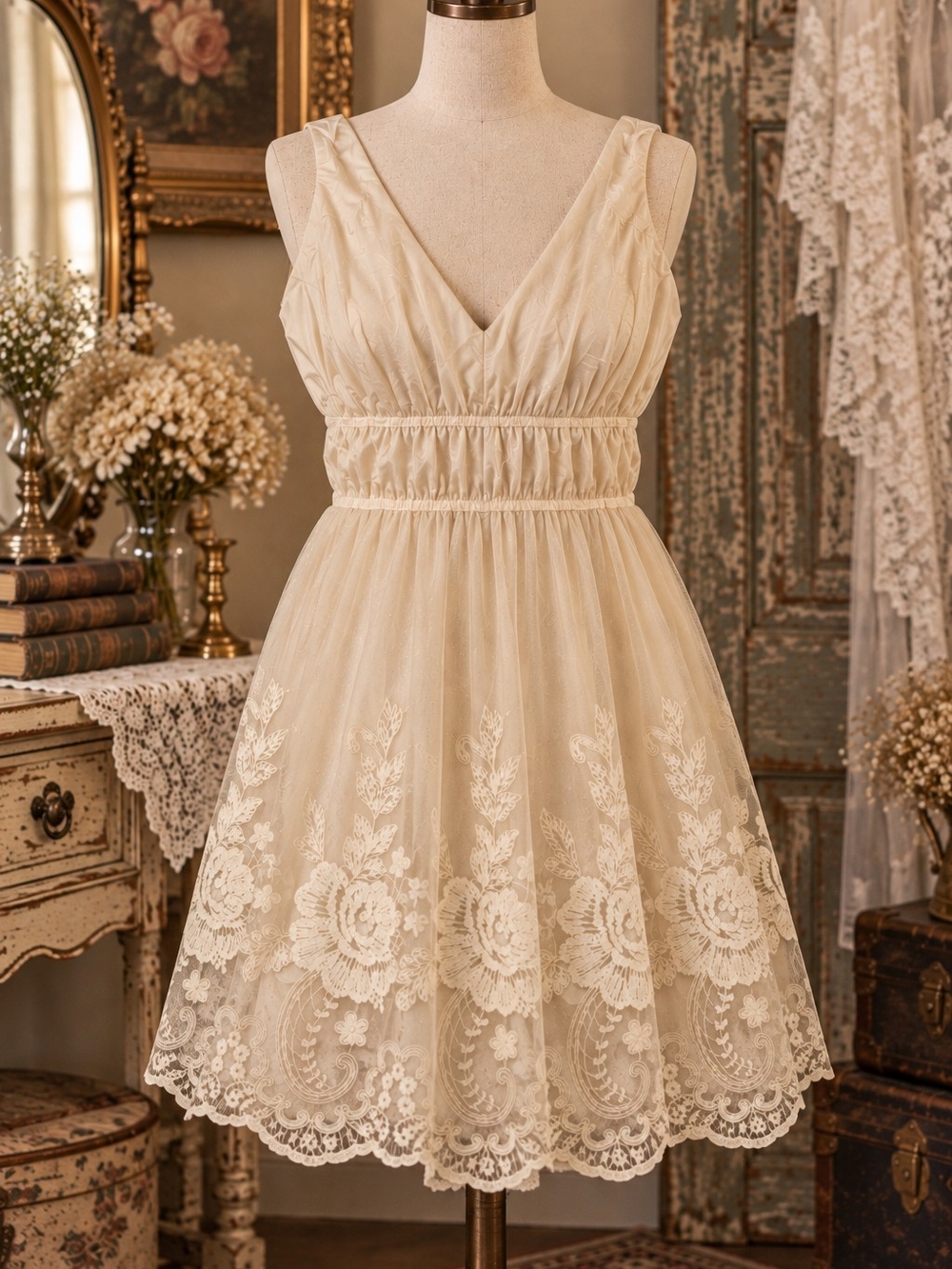 Pinky Cream V-Neck Lace Midi Dress